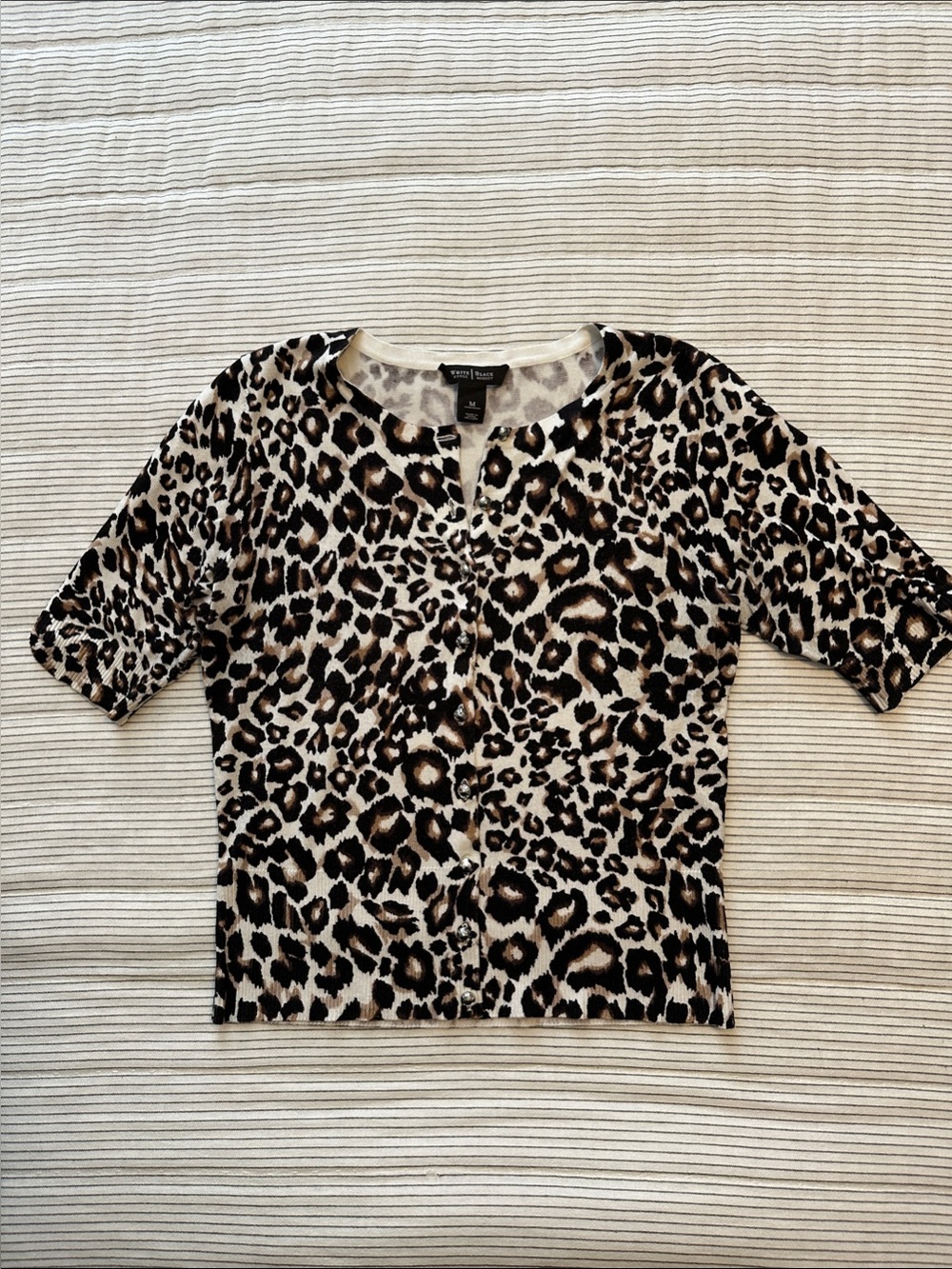 WHBM Leopard-Print Fitted Short Sleeve Cardigan in Black, Brown, Cream